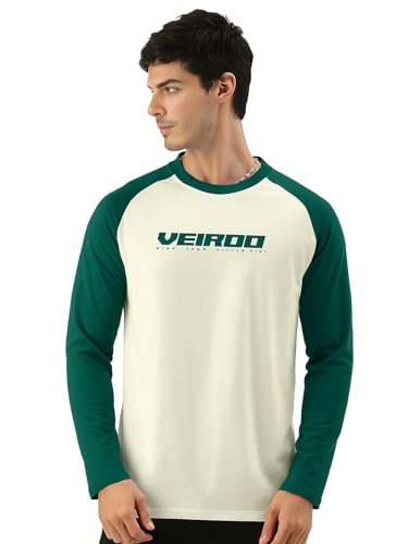 Veirdo Mens Cotton Regular Fit Round Neck Front Chest Typographic Logo Printed Raglan Full Sleeve T-Shirt