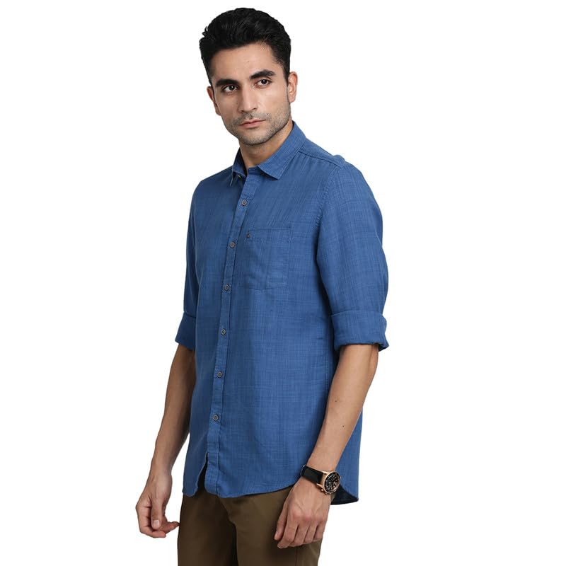 Turtle Men Cotton Lyocell Blue Solid Slim Fit Casual Shirts