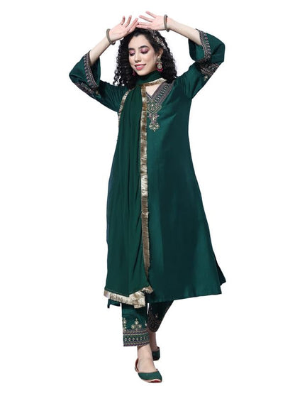 Varanga Women Blue Floral Printed Mandarin Collar Straight Kurta With Three-Quarter Sleeves, Paired With Solid Bottom And Printe