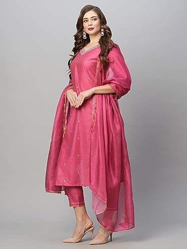 GoSriKi Womens Cotton Blend Floral Straight Kurta with Pant & Dupatta (BAGICHA-Rani-FNW-GS_Pink_Medium)