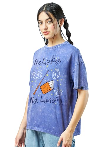Bewakoof Official Harry Potter Merchandise WomenS Graphic Printed Oversized Fit Half Sleeve Round Neck Cotton Jersey Acid Wash T