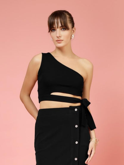 OOMPH! Stretchable One Shoulder Crop Top with Belt, Black, mt922