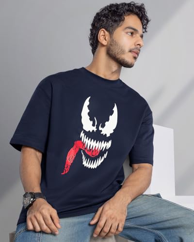 Bewakoof Official Marvel Merchandise Venom Mens Graphic Print Oversized Fit Half Sleeve Round Neck Cotton Jersey T-Shirt 646650