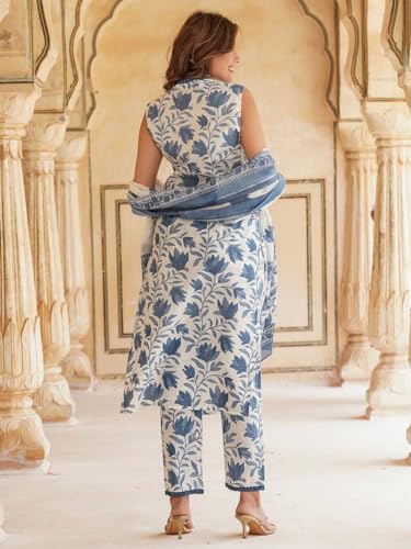 ANNI DESIGNER Womens Cotton Blend Printed Straight Kurta with Pant & Dupatta (Root White_M_White_Medium)