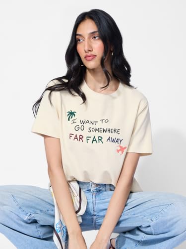 The Souled Store Textured T-Shirt: Far Away Women and Girls Short Sleeves Round Neck Off White Embroidered Cotton Blend Relaxed