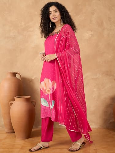 Varanga Women Spaghetti Strap Floral Kurta Featuring Tassles With Trousers And Dupatta