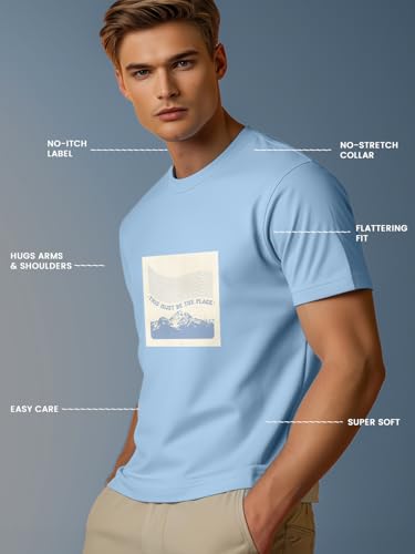 Nobero MenS Graphic Printed Regular Fit T-Shirt (1M-Twts-C0948-216X_Sand / Powder Blue/Wine Red