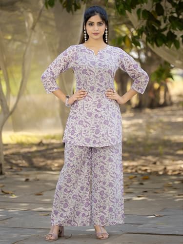 Pinkmint Pure Cotton Co Ord Set for Women l 3/4 Sleeve Printed Comfortable & Stylish Trendy Top & Bottom Matching Set White