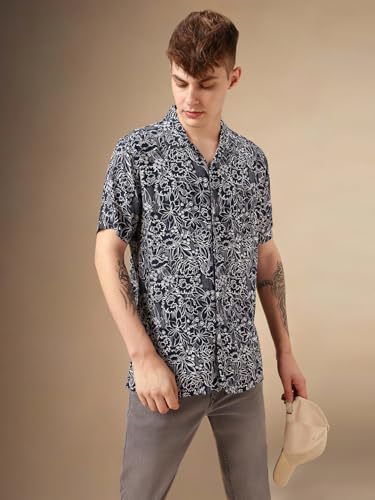 Dennis Lingo Men Navy Blue Rayon Half Sleeve Cuban Collar Aop Shirts_Dlmshmjj24003
