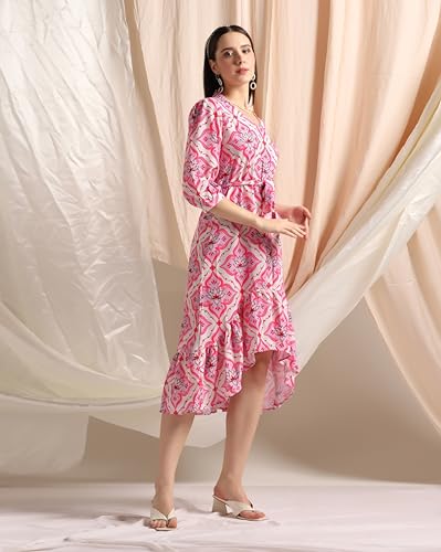Greciilooks Womens Rayon A-Line Regular Fit Dress (Pink, Medium)