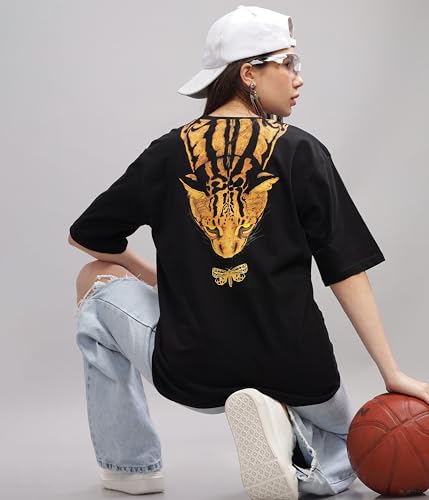 KYDA Womens 100% Pure Cotton Oversized Drop Shoulder Premium Front & Back Printed T-Shirt for Summer