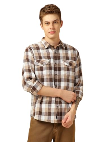 Dennis Lingo Men Relaxed Fit Cotton Full Sleeves Checks Casual Shirts Brown