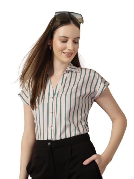 Style Quotient Women Beige and Teal Polycrepe Regular Fit Formal Shirt