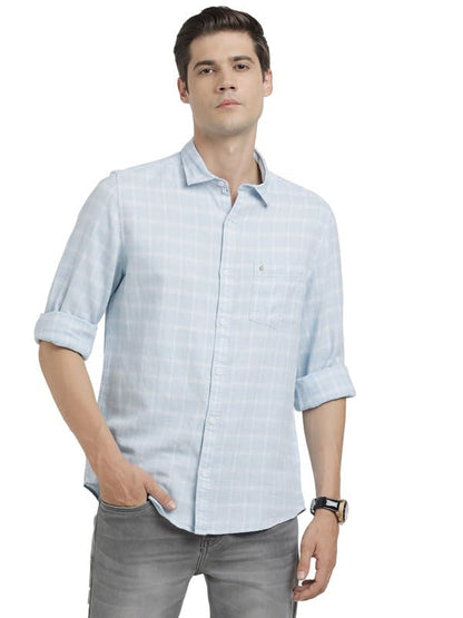 Turtle Men Cotton Linen Light Blue Check Slim Fit Casual Shirt
