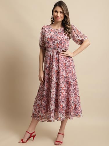 Preneum WomenS Maxi Fit & Flare Latest Style Print Georgette Regular Sleeves Casual Summer Maxi Dress || Festival & Occasion, P