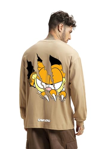 Bewakoof Official Garfield Merchandise Mens Graphic Print Oversized Fit T-Shirt_625587_Brown_3XL