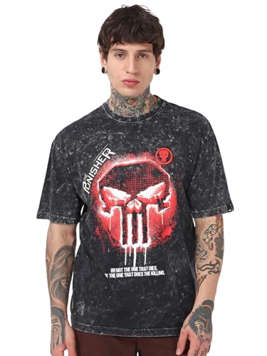 Bewakoof Official Marvel Merchandise Punisher Mens Graphic Print Oversized Fit Half Sleeve Round Neck Pure Cotton T-Shirt_66642