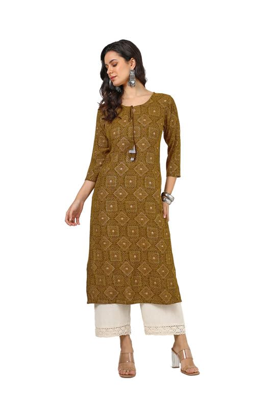 Soch Womens Mustard Rayon Bandhani Print Kurta with Tassels