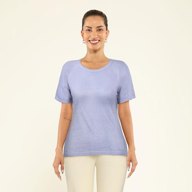 BlissClub Pointelle at-Ease CottonKnit Top | 100% Cotton top| Breathable | Ventilation Panels | Short Sleeves