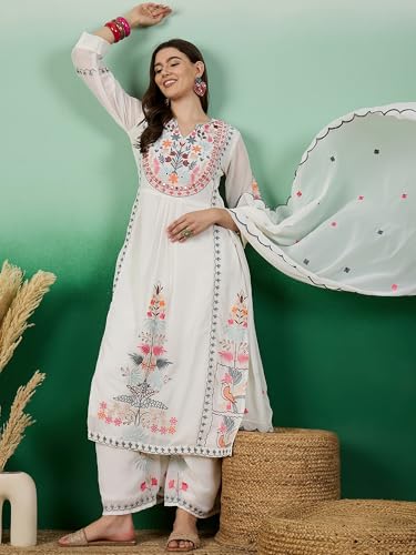 Serona Fabrics WomenS Faux Georgette Thread Embroidered Work Kurta With Palazzos & Dupatta
