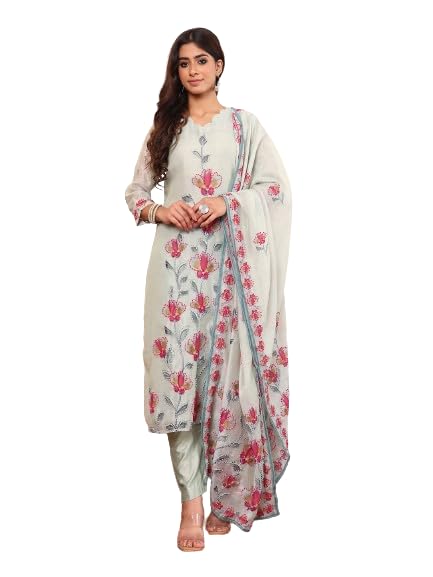Varanga Women Aqua Blue Thread Embroidered Straight Kurta Set With Printed Dupatta
