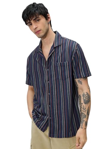 The Souled Store Stripes: Blue, Green, Yellow Men And Boys Short Sleeves Collared Neck Button Front Cotton Blend Regular Fit Tex