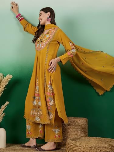 Serona Fabrics WomenS Faux Georgette Thread Embroidered Work Kurta With Palazzos & Dupatta