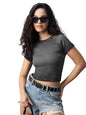 The Souled Store Ribbed Acid Wash Tee: Black Women and Girls Short Sleeves Round Neck Cotton Slim Fit Lightweight Streetwear Cro