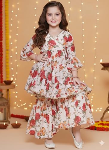 Naixa GirlS Rayon Floral Pattern Kurta Sharara Set With 3/4 Sleeve V- Neck Knee Length And Elastic Closure Type| Kurta Sharara