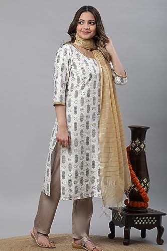 Aurelia Women's Pear White Geometric Print Viscose Straight Kurta