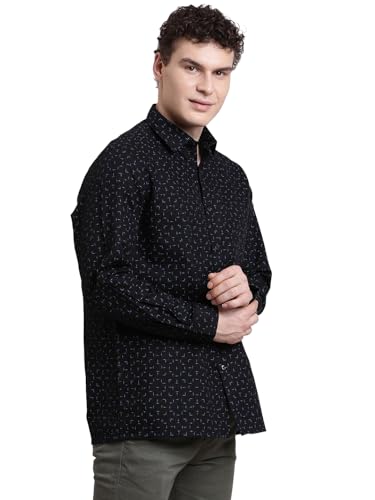 Turtle Men Regular Fit Printed Cotton Linen Black Formal Shirt