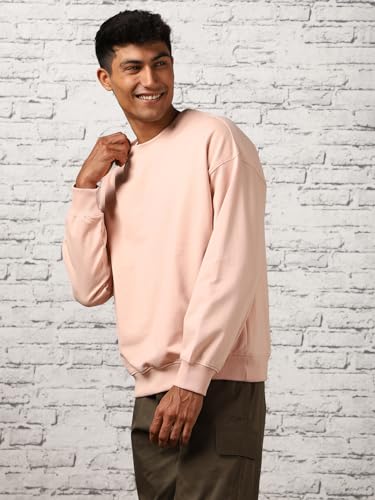 Nobero MenS Cotton Blend Crew Neck Sweatshirt (1M-Twss-R0005_Pink Clay