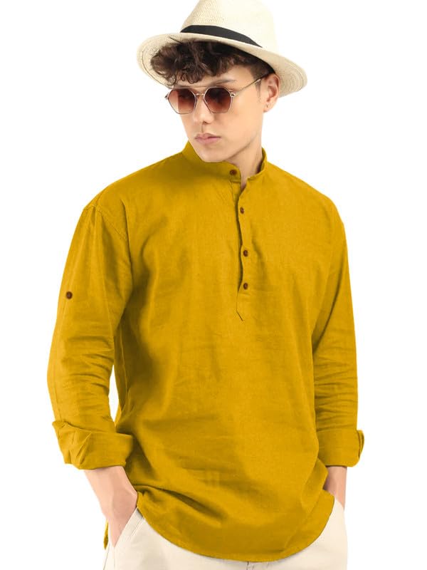 Macsivo MenS Cotton Polyester Blend Solid Regular Fit Full Sleeve Short Kurta Gold