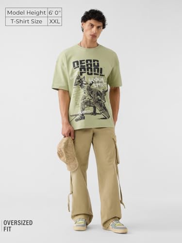 The Souled Store Deadpool: Maximum Effort Men and Boys Short Sleeves Round Neck Green Graphic Printed Cotton Oversized T-Shirts