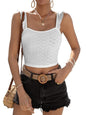 Sugathari Girls & Womens White Eyelet Embroidery Knitted Scoop Neck Casual Slim Fit Women T-Shirt, Sleeveless Schiffli Crop To