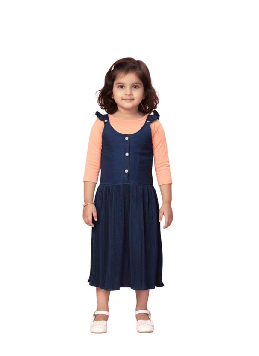 Aarika Girls Navy Blue-Peach Colour Cotton Blend Solid Dress-(3-9 Years)-(Oct_Dr-31439-Navy-Blue-Peach-22)