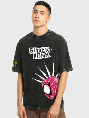 Bewakoof Official Marvel Merchandise Spider Punk Mens Graphic Printed Oversized Fit Half Sleeve Round Neck Cotton T-Shirt_66097