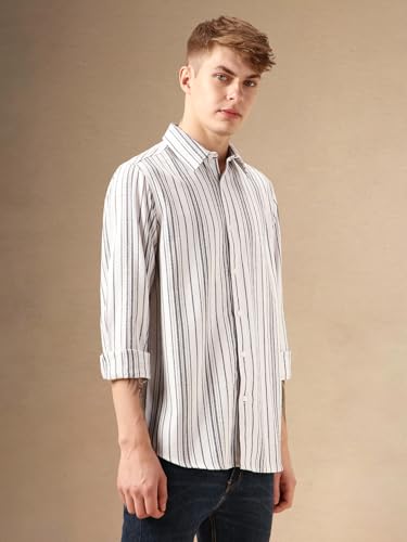 Dennis Lingo Men White 100% Cotton Full Sleeve Spread Collar Stripes Shirts