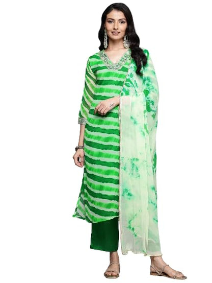 Varanga Women Green Leheriya Zari And Sequins Embroidered Kurta Set With Dupatta