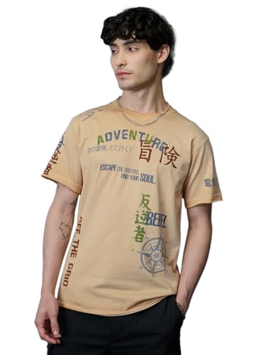 The Souled Store Relaxed T-Shirt: Adventure Men and Boys Short Sleeves Round Neck Beige Graphic Printed Relaxed Fit Cotton T-Shi
