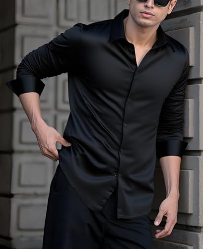 Indoprimo MenS Casual Button Down Long Sleeve Satin Plain Shirt Black