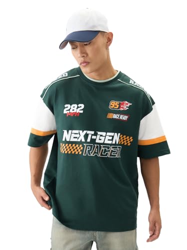 The Souled Store Official Disney: Speed Racer Men And Boys Short Sleeve Round Neck Green Graphic Printed Cotton Oversized T-Shir