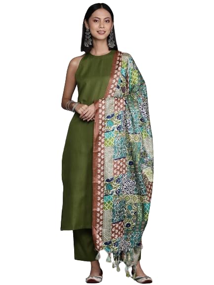 Varanga Women Green Solid Kurta Set Paired With Printed Dupatta