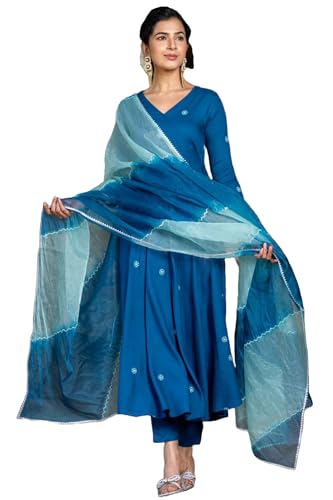 GoSriKi Womens Cotton Blend Anarkali Embroidered Kurta with Pant & Dupatta (GSK-Cerosin-GS_XXL_Blue_XX-Large)