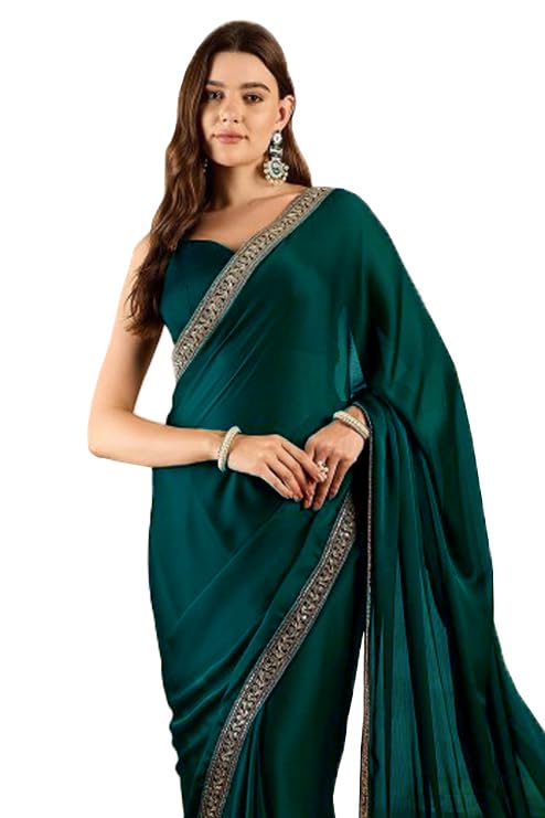 Cb-Colebrook Women'S Soft Satin Saree With Embroidered Sequin Border With Blouse Piece, Traditional Indian Ethnic Wear, Party, W