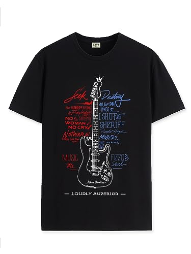 ADRO Guitar Design Printed T-Shirt for Men - 100% Cotton, Regular Fit, Soft Breathable Fabric. (RN23-M-GTR-BL_Black_XL)
