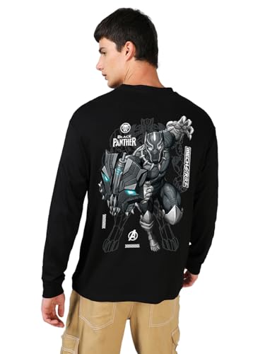 Bewakoof Official Marvel Merchandise MenS Graphic Printed Oversized Fit Full Sleeve Round Neck Cotton Jersey T-Shirt 636663 Bla