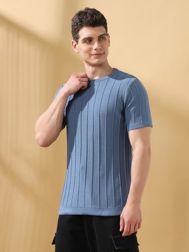 Dennis Lingo Men Steller Textured Round Neck Half Sleeves Regular Fit T-Shirts Blue