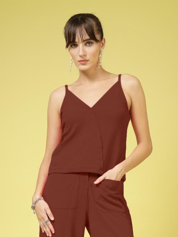 OOMPH! Stretchable Sleeveless Tank Top with V-Neck, Brown, mt968