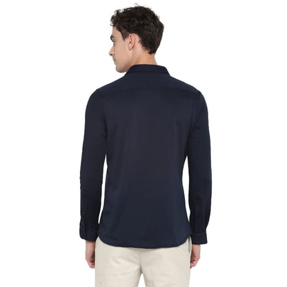Turtle Men Navy Blue Polyester Solid Slim Fit Shirts